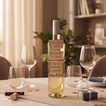 Holz‑Flaschenanhänger für Weinflaschen, handgefertigt aus Birkenholz, in drei Varianten mit Geburtstags‑Sprüchen.